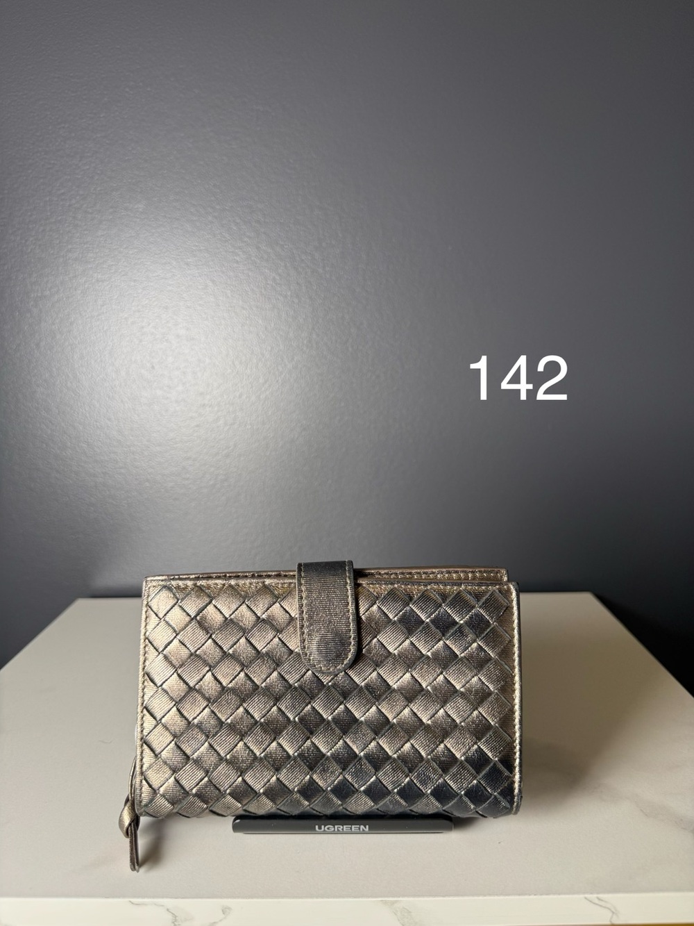 Bottega Veneta Metallic Woven Card Wallet - Silver